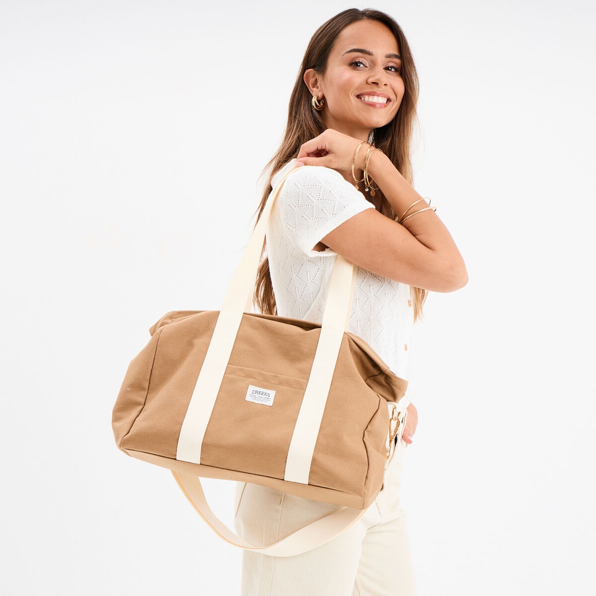 Sac cabas avec bandouli&egrave;re marron cognac femme