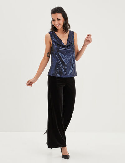 T-shirt col bénitier à strass bleu femme