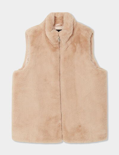 Veste fausse fourrure sans manches beige femme