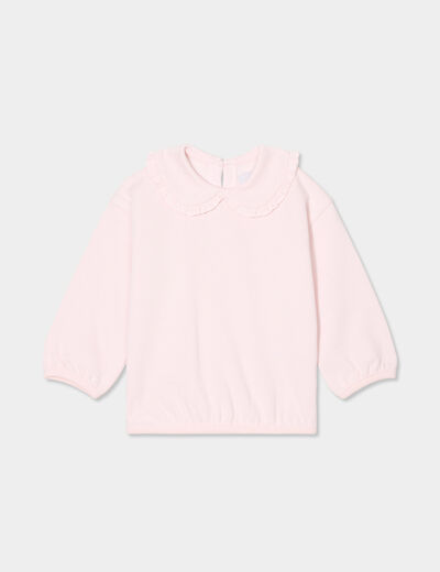 Sweat col claudine à volants rose clair bébé fille