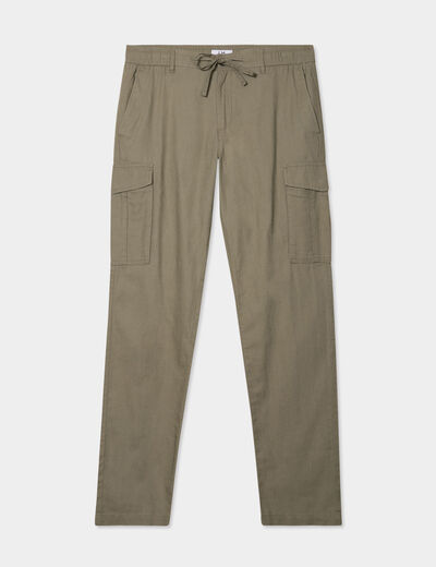 Pantalon cargo en lin m&eacute;lang&eacute; vert kaki homme