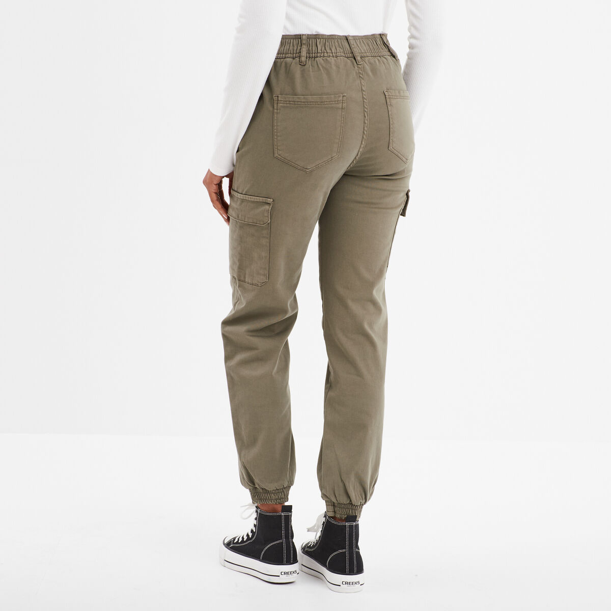 Pantalon cargo taille haute ajustable vert kaki femme