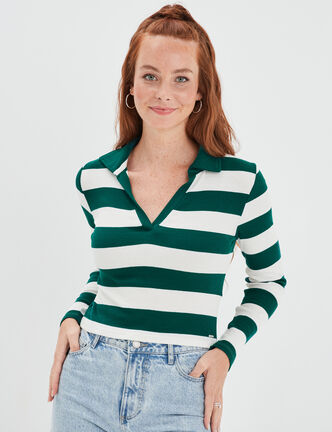 T-shirt court col polo côtelé Creeks vert foncé femme
