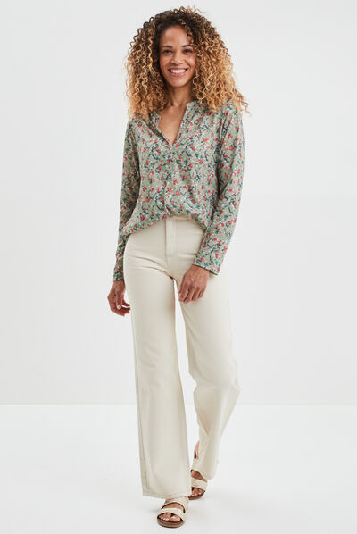 Jeans wide leg taille haute coton ecru femme