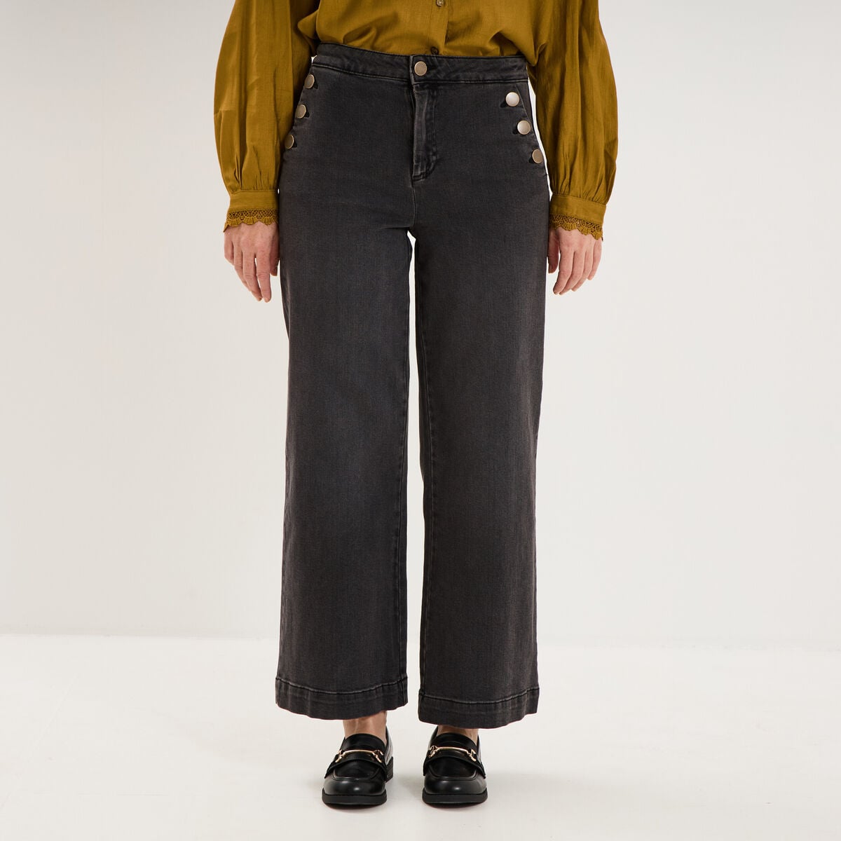 Jean large cropped boutons taille haute denim noir femme