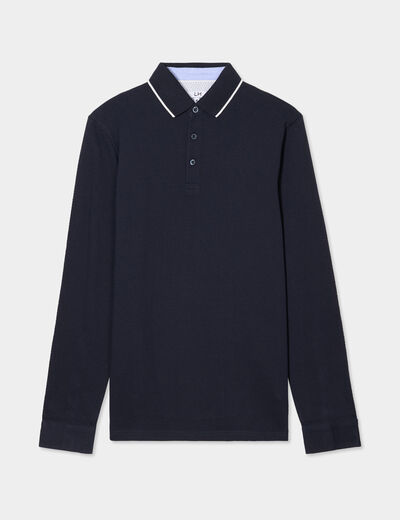 Polo droit manches longues coton bleu foncé homme