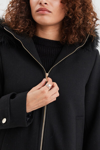 Manteau zippé à capuche fausse fourrure noir femme