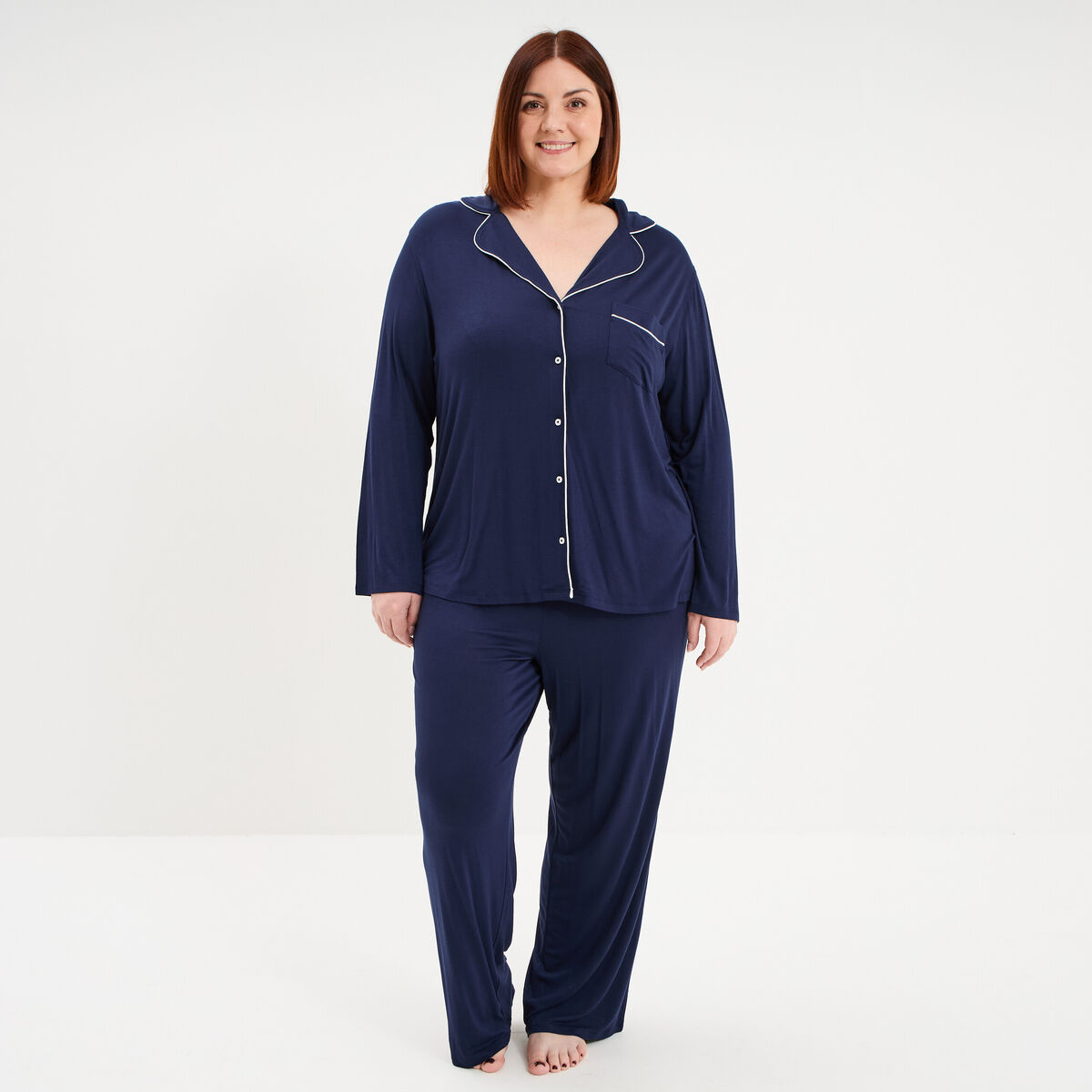 Ensemble pyjama fluide 2 pi&egrave;ces bleu marine femme grande taille