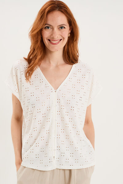 T-shirt dentelle avec boutons blanc femme