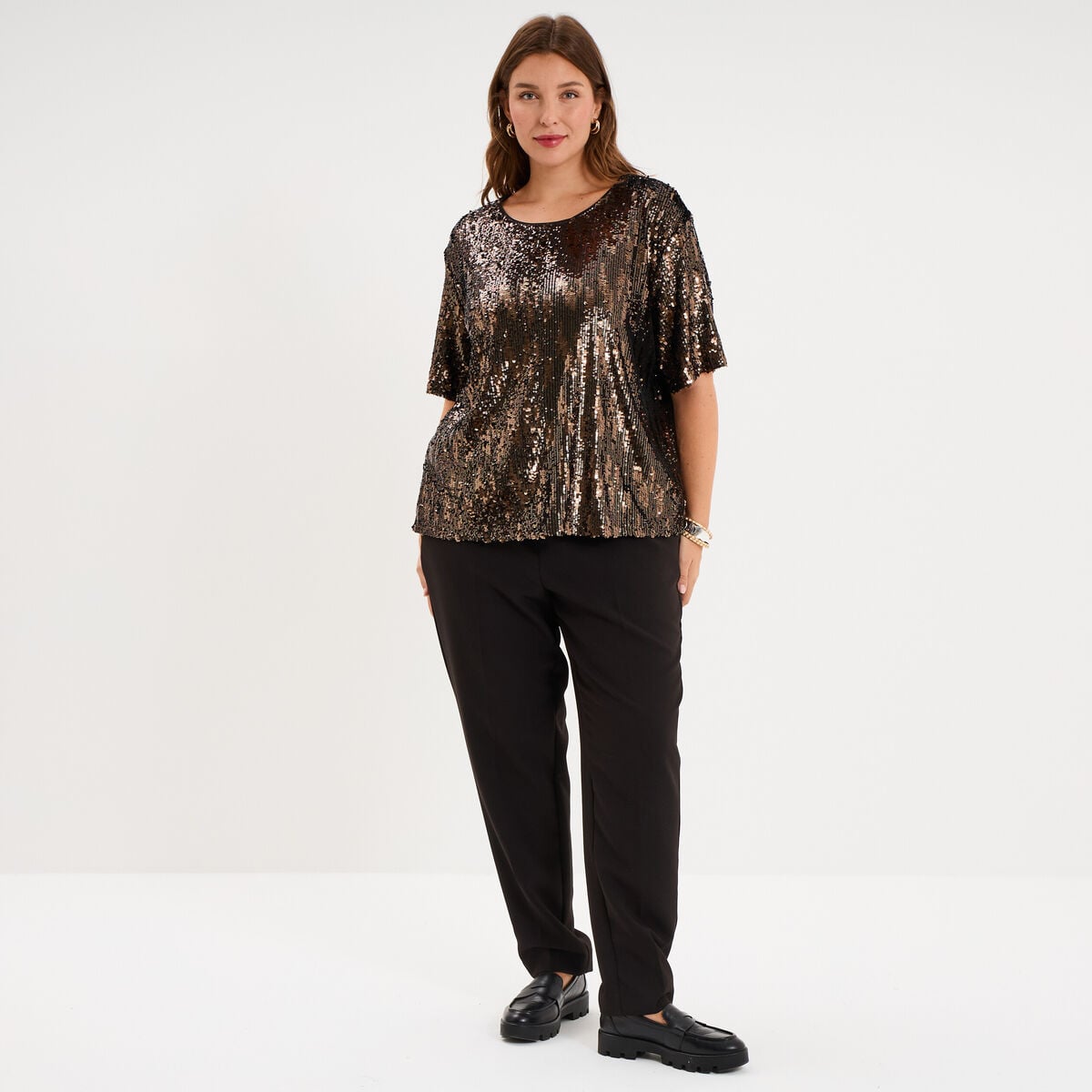 T-shirt sequins manches courtes loose couleur cuivre femme grande taille