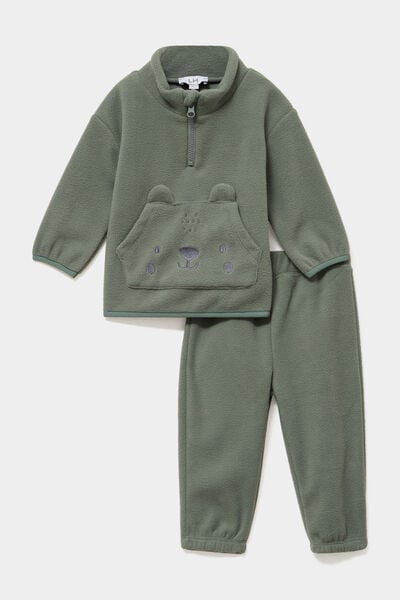 Ensemble effet polaire sweat et pantalon vert kaki b&eacute;b&eacute; gar&ccedil;on