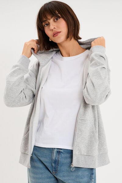 Sweat zipp&eacute; &agrave; capuche gris clair femme