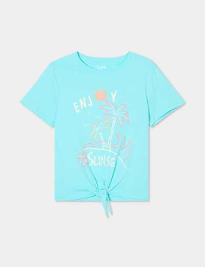 T-shirt noué manches courtes coton bleu turquoise fille