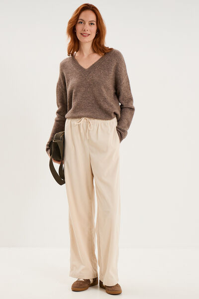 Pull col en V manches longues taupe femme