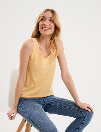D&eacute;bardeur bretelles larges coton jaune clair femme