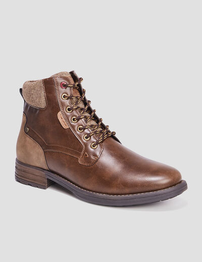 Boots à lacets bi-matières marron homme