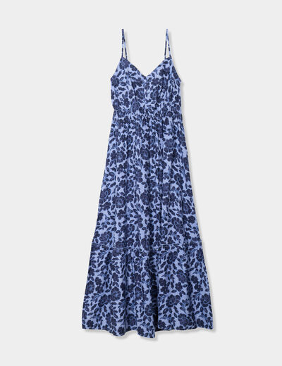 Robe longue bretelles et col en V bleu femme