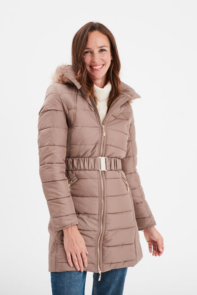 Doudoune droite à capuche taupe femme
