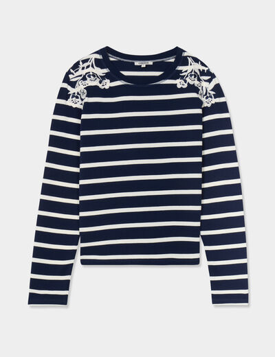 T-shirt manches longues avec broderie bleu marine femme
