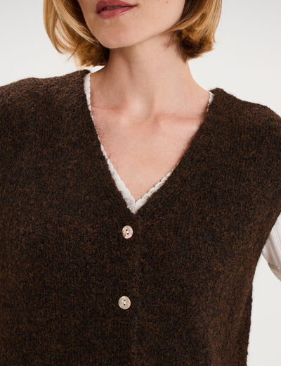 Gilet sans manches col V boutonn&eacute; marron fonc&eacute; femme