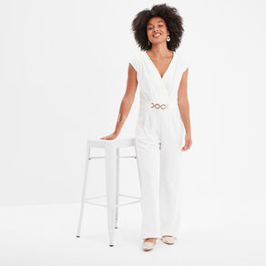 Combinaison pantalon bijou à la taille blanc femme