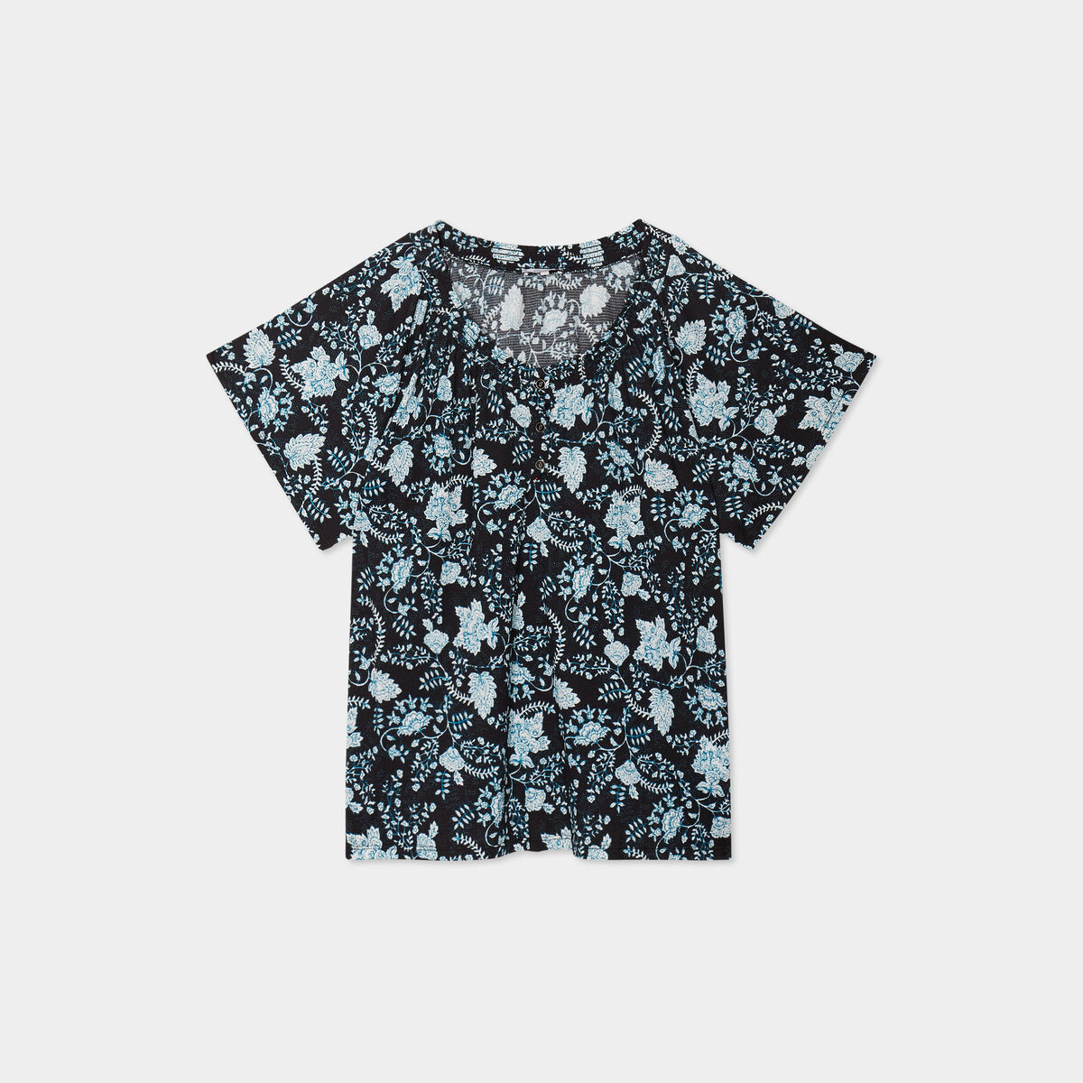 T-shirt col smocké manches courtes noir femme grande taille