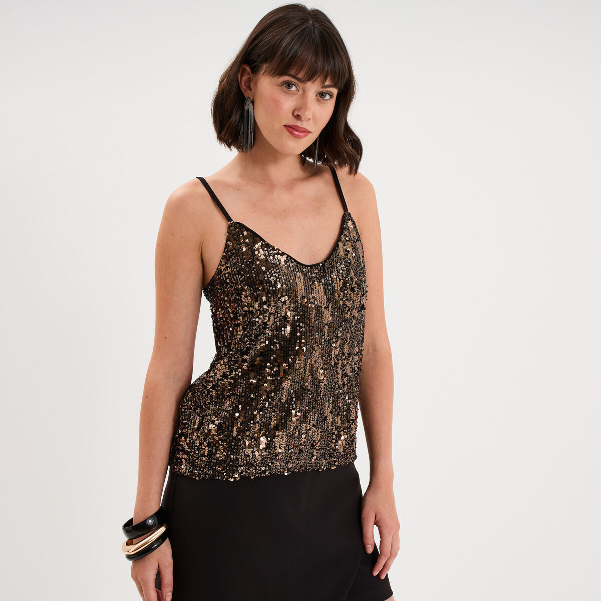 D&eacute;bardeur &agrave; sequins bretelles col V couleur cuivre femme