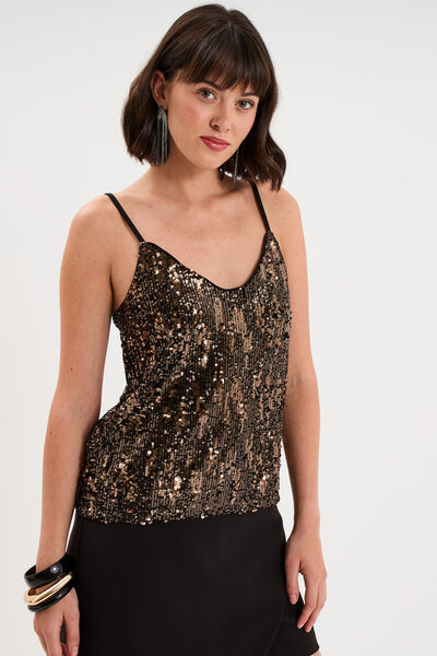 D&eacute;bardeur &agrave; sequins bretelles col V couleur cuivre femme