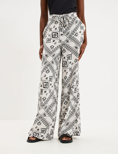 Pantalon large taille &eacute;lastiqu&eacute;e blanc femme