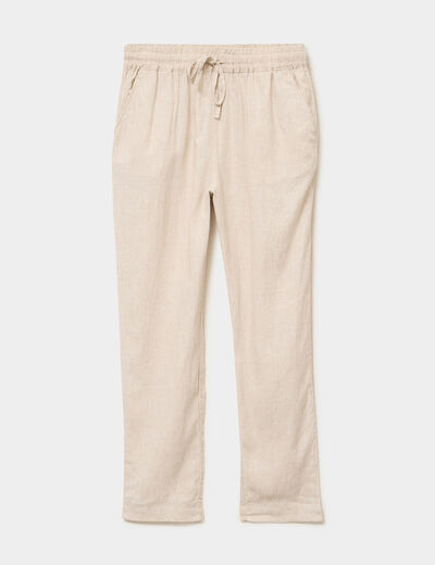 Pantalon droit 7/8&egrave;me lin m&eacute;lang&eacute; beige femme