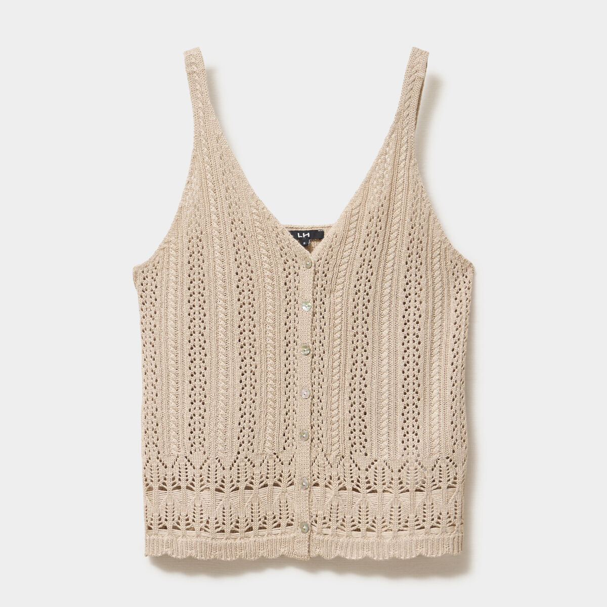 D&eacute;bardeur en maille crochet avec boutons beige femme