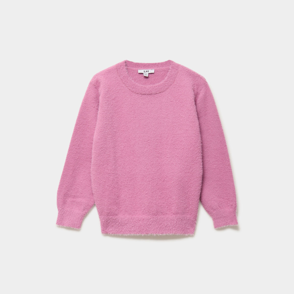 Pull mailles duveteuses manches longues rose poudr&eacute;e fille