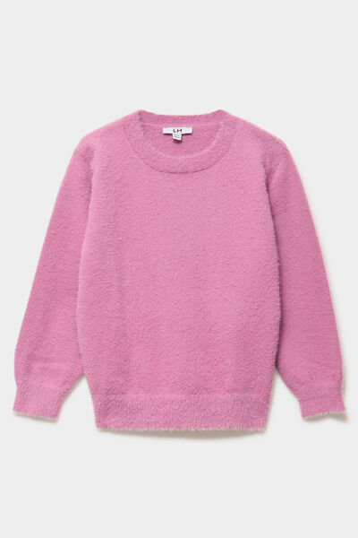 Pull mailles duveteuses manches longues rose poudr&eacute;e fille