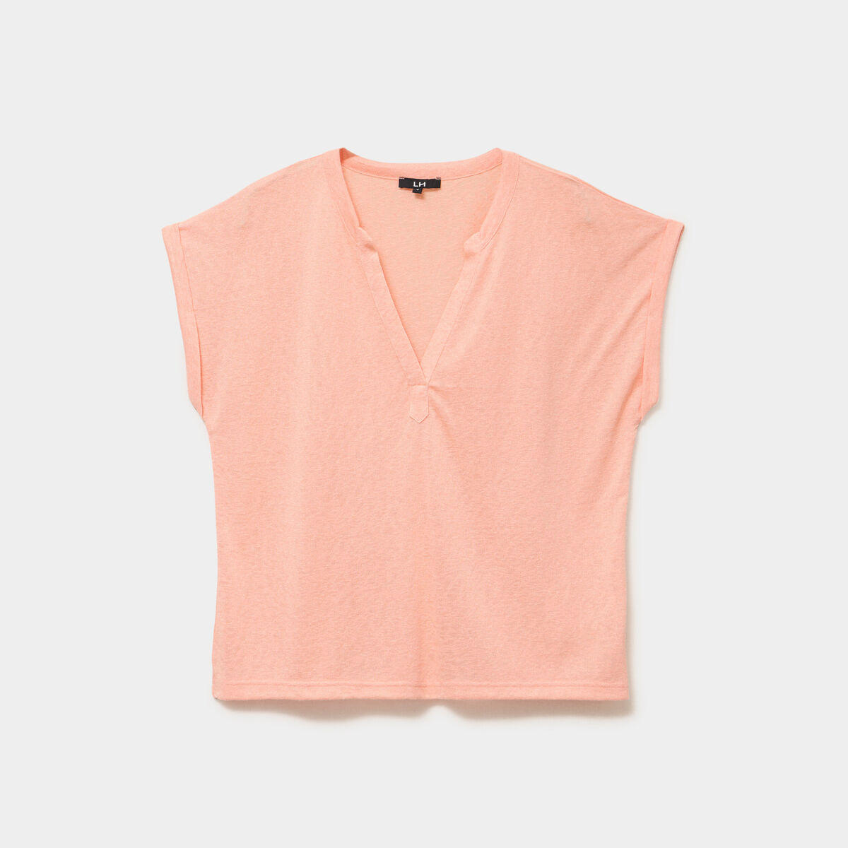 T-shirt col tunisien manches courtes rose saumon femme