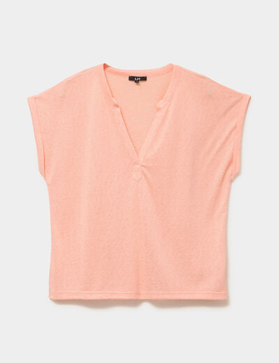 T-shirt col tunisien manches courtes rose saumon femme