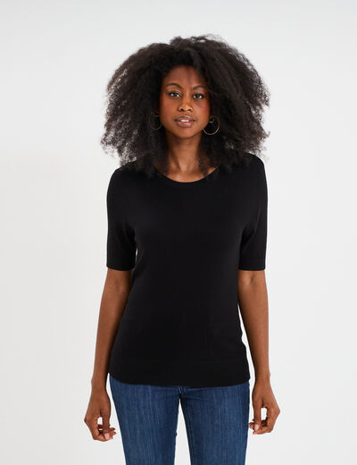 Pull manches courtes col rond noir femme