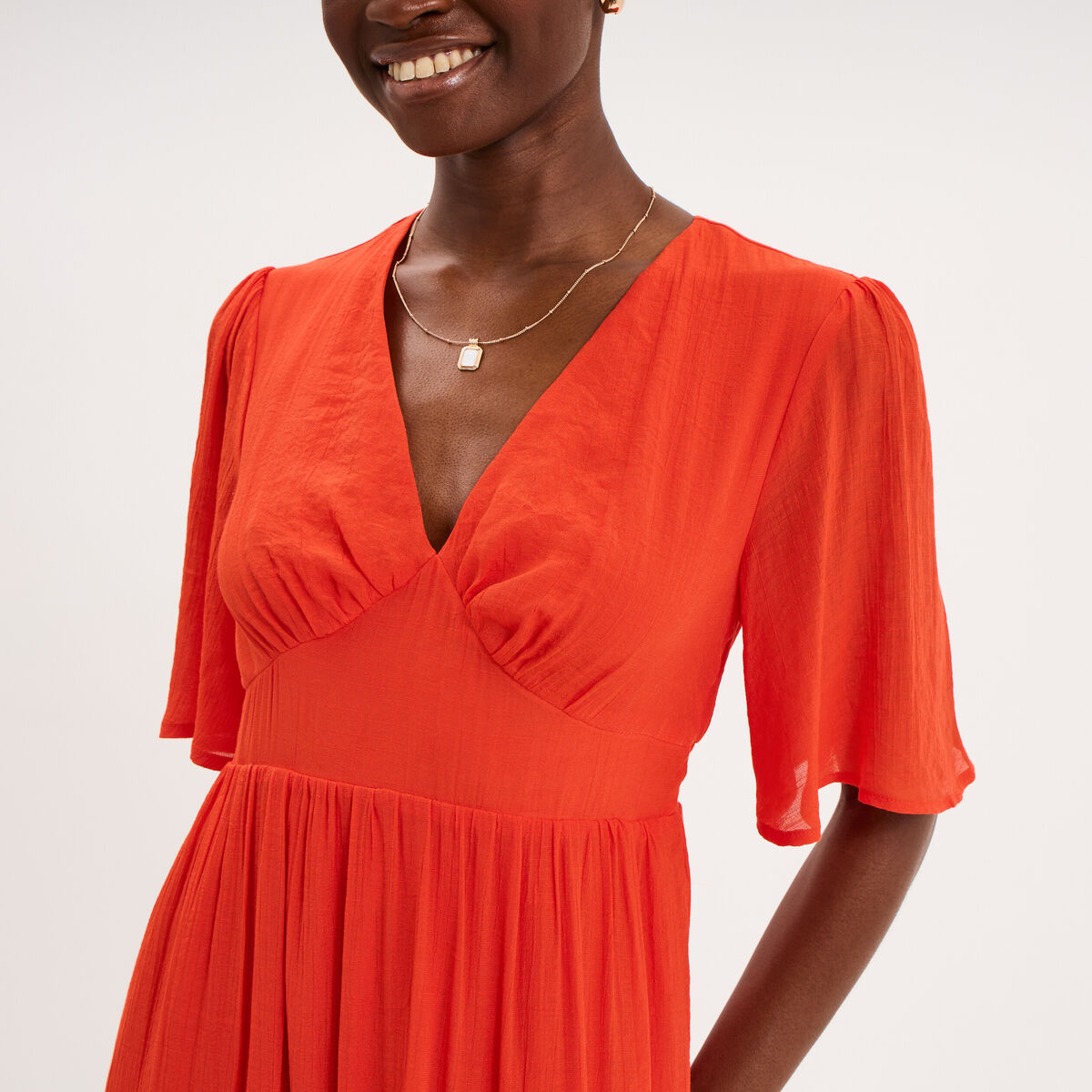 Robe longue fluide &agrave; volants orange fonc&eacute; femme