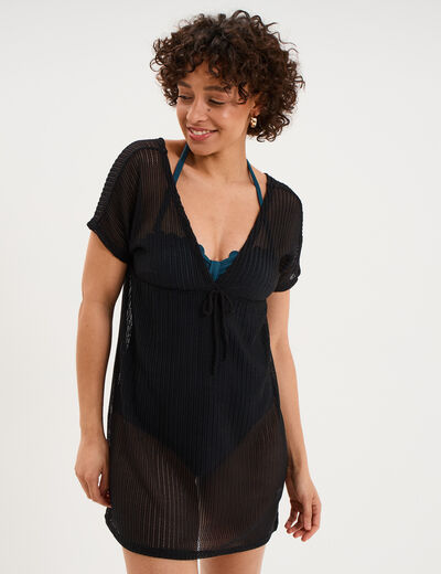 Robe de plage ajour&eacute;e col V noir femme