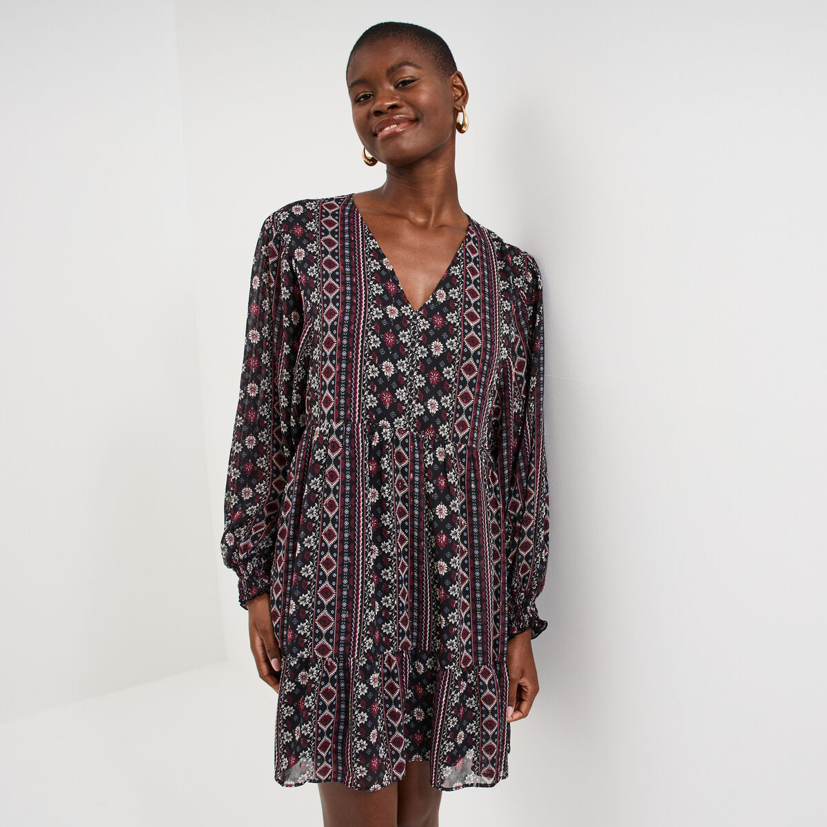 Robe fluide manches longues noir femme