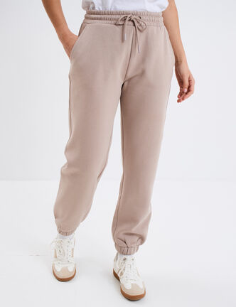 Pantalon jogging droit molleton beige femme