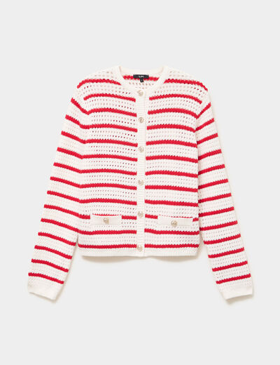 Gilet effet ajour&eacute; manches longues coton ecru femme