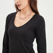 T-shirt côtelé col en V manches longues noir femme
