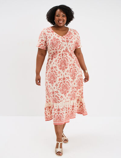 Robe longue col en V et manches courtes ecru femme grande taille