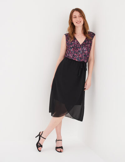 Robe fluide col cache-coeur ceinturée noir femme