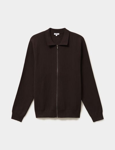 Gilet zipp&eacute; en maille manches longues marron fonc&eacute; homme