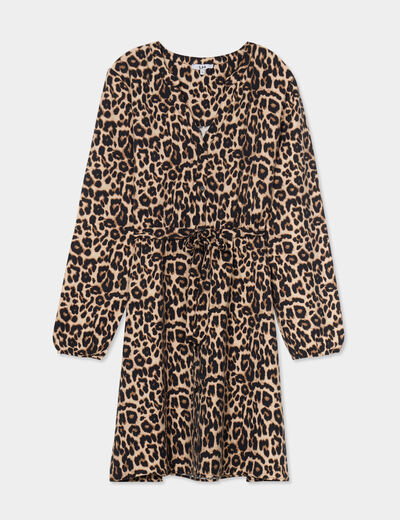 Robe courte ceinturée col tusinien beige femme