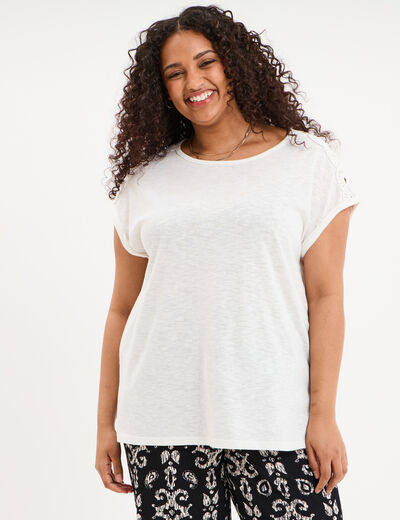 T-shirt &eacute;paules effet macram&eacute; blanc femme grande taille