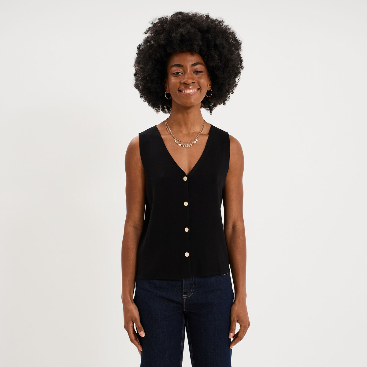 Gilet sans manches col en V noir femme
