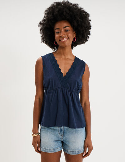 D&eacute;bardeur fluide col en V coton bleu marine femme
