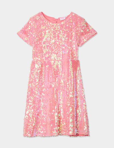 Robe à sequins manches courtes rose fille